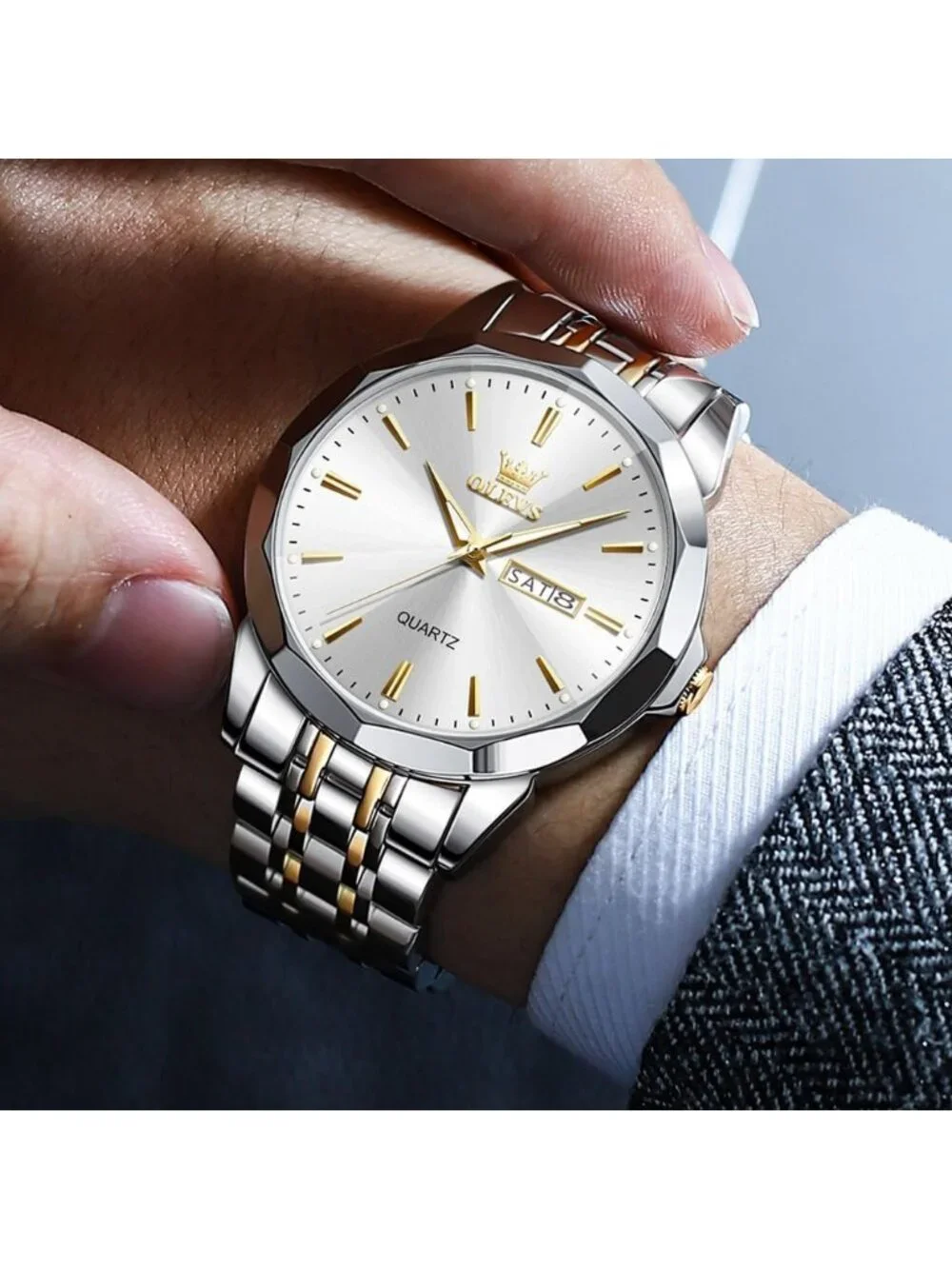 Men Silver Diamond Analog Quartz Stainless Waterproof Luminous Classic Watch